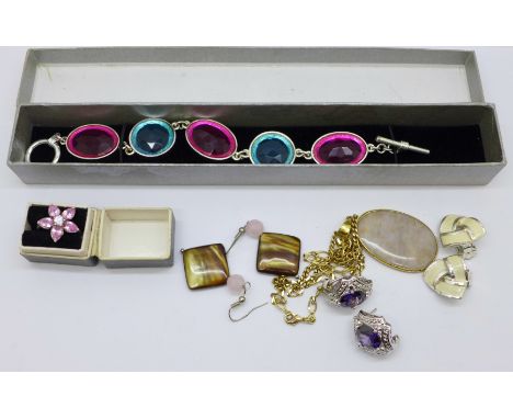 Three pairs of earrings, a pendant and chain, a bracelet and a ring 