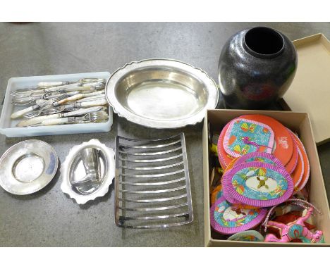 Mother of pearl handled plated cutlery, a plated tray, boot match holder, vase and a box of oriental lanterns, etc. 