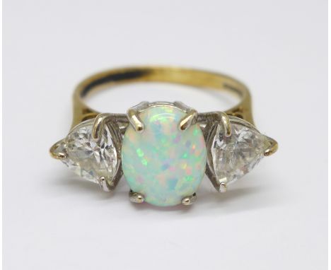 A 9ct gold, synthetic opal and white stone ring, 4g, R 