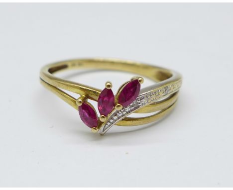 A 9ct gold, diamond and ruby ring, 1.8g, O 