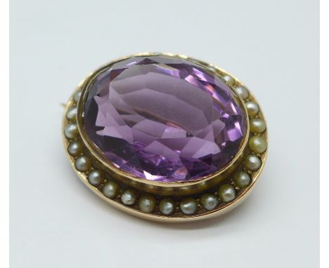 A 9ct gold, amethyst and pearl brooch, 7.1g, amethyst approximately 18mm x 15mm 