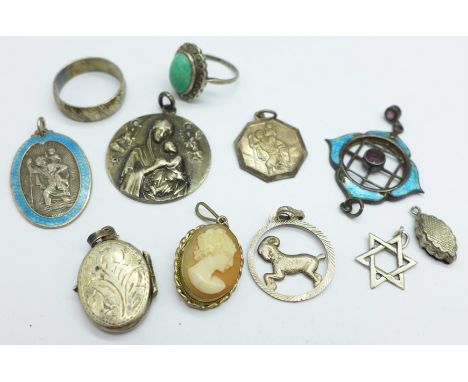 An enamel pendant, a/f, other pendants, a locket, etc. 