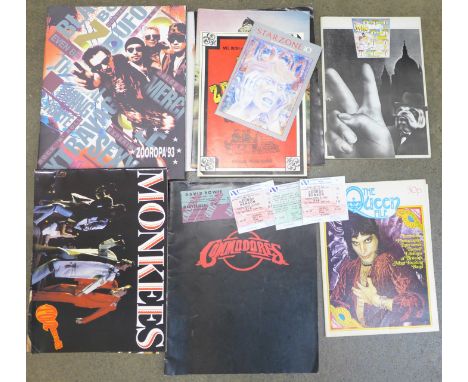 A collection of 1970's to 1990's tour programmes, Led Zeppelin 1975, The Who 1975, Queen 1975, Rolling Stones 1976, David Bow