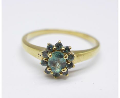 A 9ct gold, blue/green stone cluster ring, 2.7g, U 