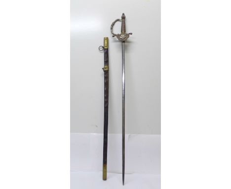 A court sword with leather scabbard, with thistle and decorated 75.5cm blade