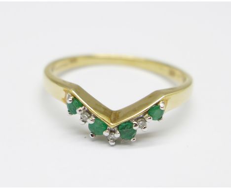 A 9ct gold, emerald and diamond wishbone ring, 1.7g, P 