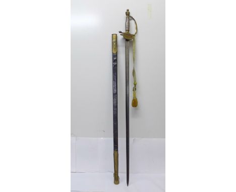 A 1796 officers sword with scabbard, the decorated blade marked Osborn &amp; Gunby, Warranted, blade 83cm