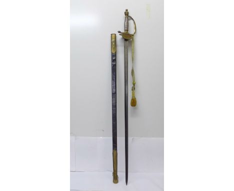 A 1796 officers sword with scabbard, the decorated blade marked Osborn &amp; Gunby, Warranted, blade 83cm