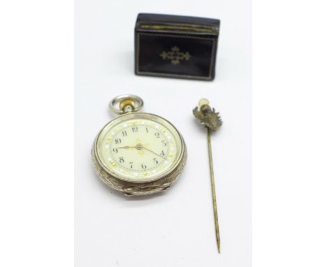 A silver fob watch, a snuff box and a Scottish thistle stick pin 