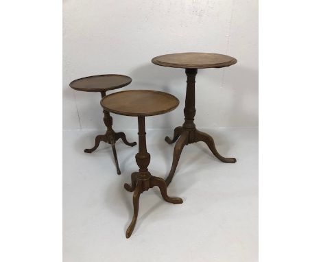 Antique Furniture, three mahogany round top occasional tables of varying heights, all on tripod bases 