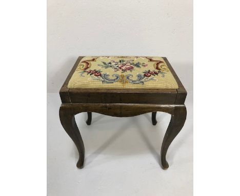 Antique Furniture, 19th century oak foot stool, cabriolet legs, tapestry insert, approximately 47cm high 