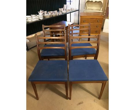 Mid century furniture, set of four ladder back dining chairs with blue Dralon covered seat pads