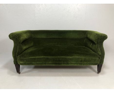 Antique Furniture, 19th century roll back drawing room sofa upholstered in green velvet, square wooden legs with castors, app