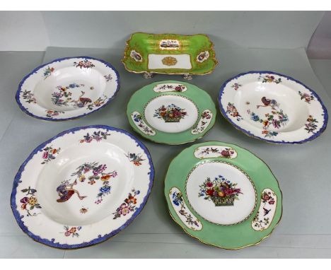 Antique china, two Spode plates hand decorated with birds fruit and flowers, three soup plates decorated in the oriental mano