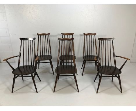Mid century Ercol 369 goldsmith pattern dining chairs, set of six in dark wood 