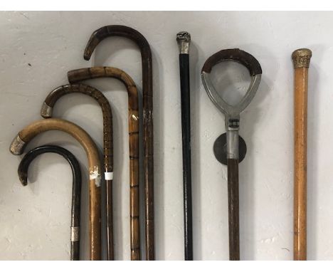 Collection of 20th century walking sticks, canes and a shooting stick 