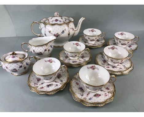 Royal Crown Derby, Antoinette tea service, six cups and saucers, six tea plates, teapot, Sugar basin and milk jug 
