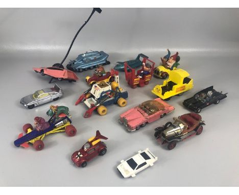 Vintage Toys, collection of play worn TV and Film related dicast cars and Vehicles to include James Bond, Batman, Joe 90, Wac