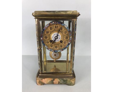 French Onyx and Cloisonne four glass mantle clock with gold and cloisonne circular pendulum and key (winds, runs and strikes)