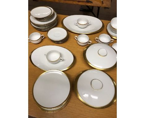 Vintage part dinner service, Thomas Germany white with wide gilt rim, 6 dinner plates, 6 tea plates, 6 side plates 6 soup bow
