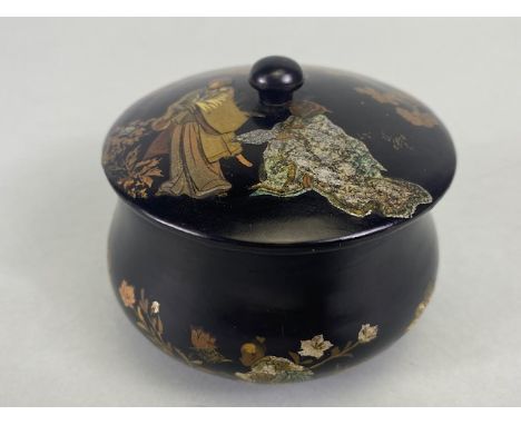 Agatha Christie interest, round Victorian papier-mâché, Chinoiserie decorated box containing a hand written note, giving the 