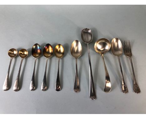 Antique silver, collection of English hallmarked assorted silver condiment spoons, fork, and ladle, total weight approximatel