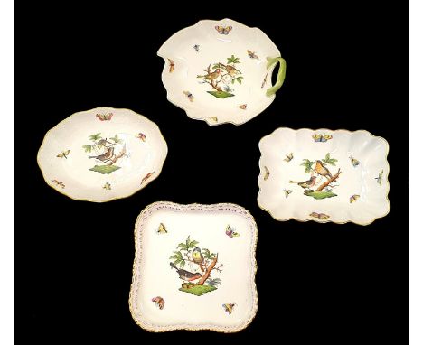 Four serving plates from second half 20th Century, blue Herend Hungary shield marksPainted with birds perched among branches 