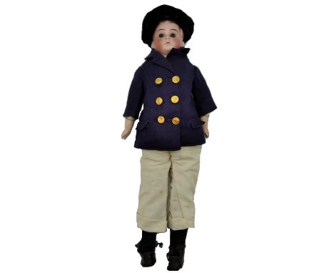 Late 19th century doll, bisque head, hands and&nbsp; with short hair, closed mouth, fixed eyes. Leather body and feet. Doll i