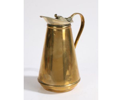 W.A.S. Benson insulated or 'jacketed' electroplate on brass hot water jug, of conical form, the domed cover with scrolled thu