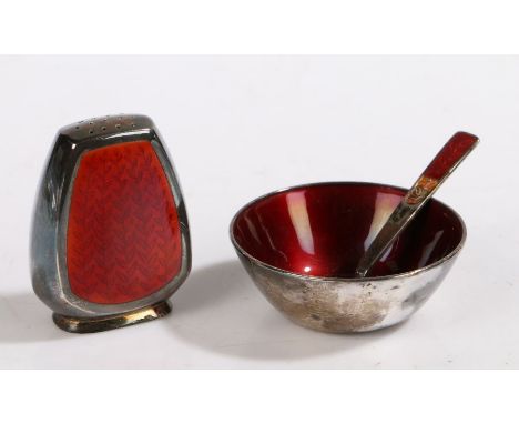 Anton Michelsen, Copenhagen, sterling silver condiment set consisting of salt, salt spoon and pepperette, all with red enamel