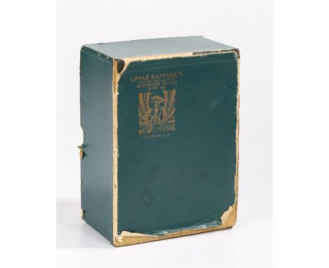 Omar Ramsden cardboard box, the green paper exterior wit gilt lettering "OMAR RAMSDEN SAINT DUNSTANS SEYMOUR PLACE S W 10 FLA
