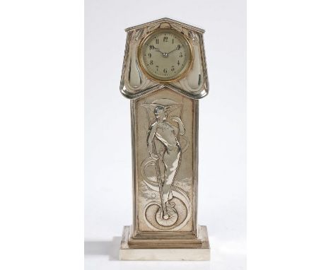 Edward VII Art Nouveau silver mantle clock, London 1902, maker William Hutton &amp; Sons Ltd. the triangular pediment above a