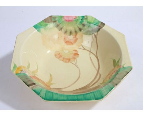 Clarice Cliff Wilkinson Ltd Honeyglaze Bizarre "Rhodanthe" pattern octagonal bowl, the body decorated with stylised puce, gre