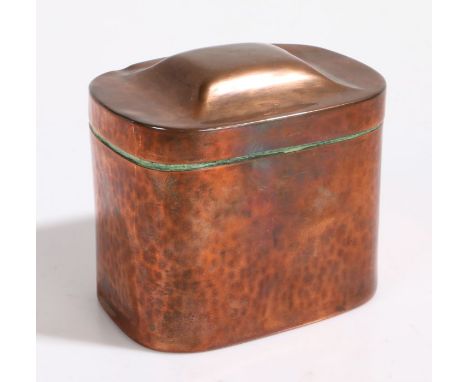 Keswick School of Industrial Arts copper tea caddy, the rectangular embossed lid above a beaten body, stamped KSIA to base, 9