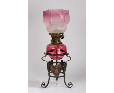 Hinks Benetfink &amp; Co no.2 duplex oil lamp, in the Arts and Crafts taste, the frosted hexagonal puce, cranberry and clear 