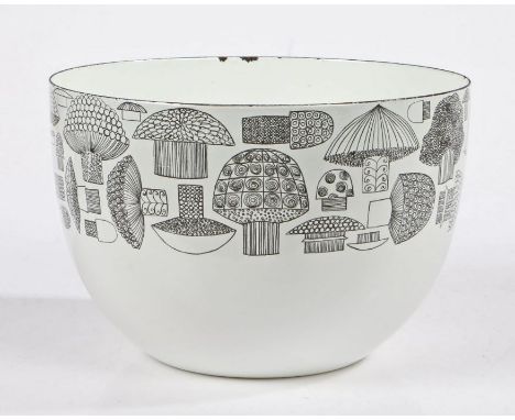 Kaj Franck for Finel, a Finnish white enamel circular table bowl, the exterior decorated with a band of stylised mushrooms, p