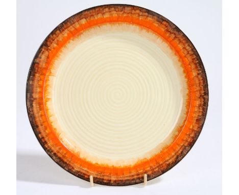 Clarice Cliff Wilkinson Ltd. Bizarre plate, the scroll body with orange and brown border, shape, stamped to base and hand num