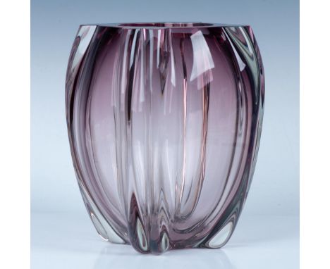 Large hand blown abstract gourd shaped vase with ribbed quarters. Signed by the artist Barbini Murano for Oggetti. Numbered 6