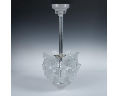 A beautiful 6 elements ceiling light fixture adorned with frosted and clear glass formed as oak leaves on a chrome frame. Lal