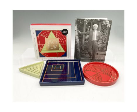 Three geometric pieces - triangle with gilt design colored in sage 3.5", round orange tray with gilt design 5" dia., and squa