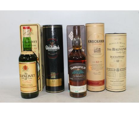 Five bottles of single malt Scotch whisky to include KNOCKANDO 1992 12 year old 70cl 43% abv. boxed, BALVENIE 12 year old Dou