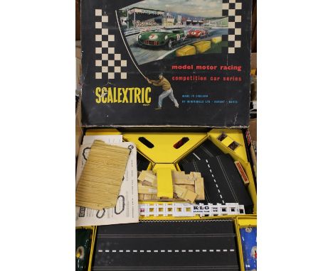 Triang Scalextric Model Motor Racing CM3 Competition Car Series set with No8 green and No14 blue slot cars and other items, b