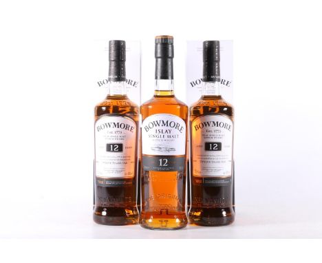 Three bottles of BOWMORE 12 year old Islay single malt Scotch whisky, 40% abv. 70cl, two boxed. (3) 
