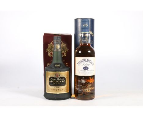 BRUICHLADDICH 10 year old Islay single malt Scotch whisky, old style bottle, 70cl 40% abv. in blue tube and a bottle of PRINC