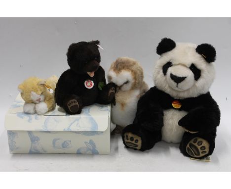 Steiff 064821 Manschil Panda Bear, Steiff 072048 Owl soft toy, Steiff 036545 Happy Grizzly, limited edition 1363/2009, boxed 