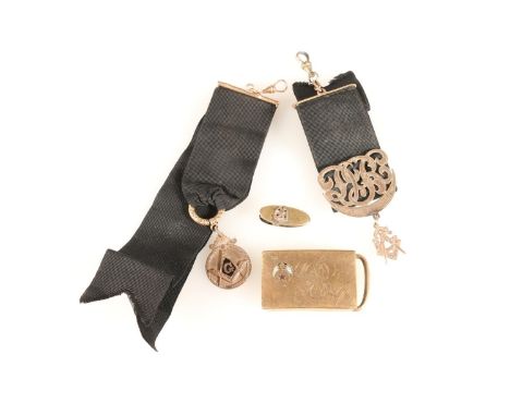 Yellow metal Masonic pendant with G and compass and set square on black ribbon, another inscribed 'Crescent Lodge Pittsfield 