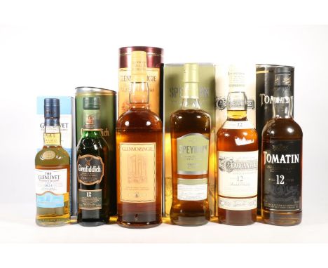 Six bottles of single malt Scotch whisky to include GLENMORANGIE 10 year old with stills label to the reverse, 1litre 40% abv