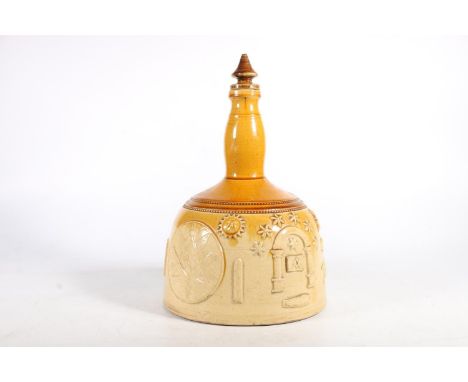 Masonic interest, an antique Scottish? pottery stoneware whisky flagon of maul or gavel form with relief designs including ch
