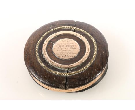 Napoleonic Wars interest, antique oak circular snuff box with yellow metal (unhallmarked possibly gold) mounts, bearing multi