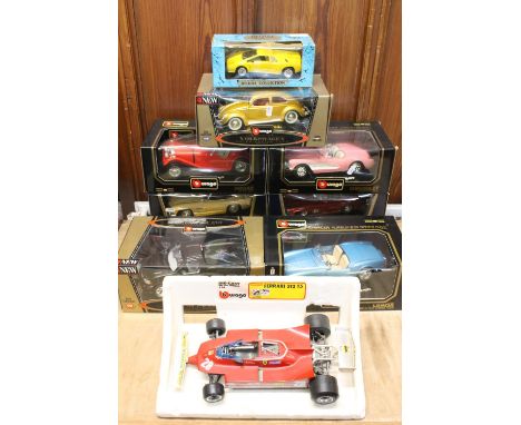 Seven Burago 1:18 scale diecast model vehicles to include 3010 Lancia Aurella B24 Spider 1955, 3024 Chevrolet Corvette 1957, 